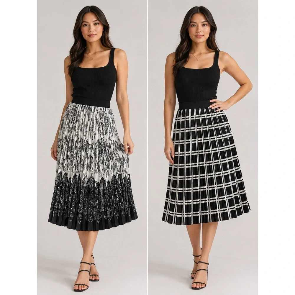 Metrowear Andi + James Pleated Midi Skirt Bundle Black White Paisley Grid Large